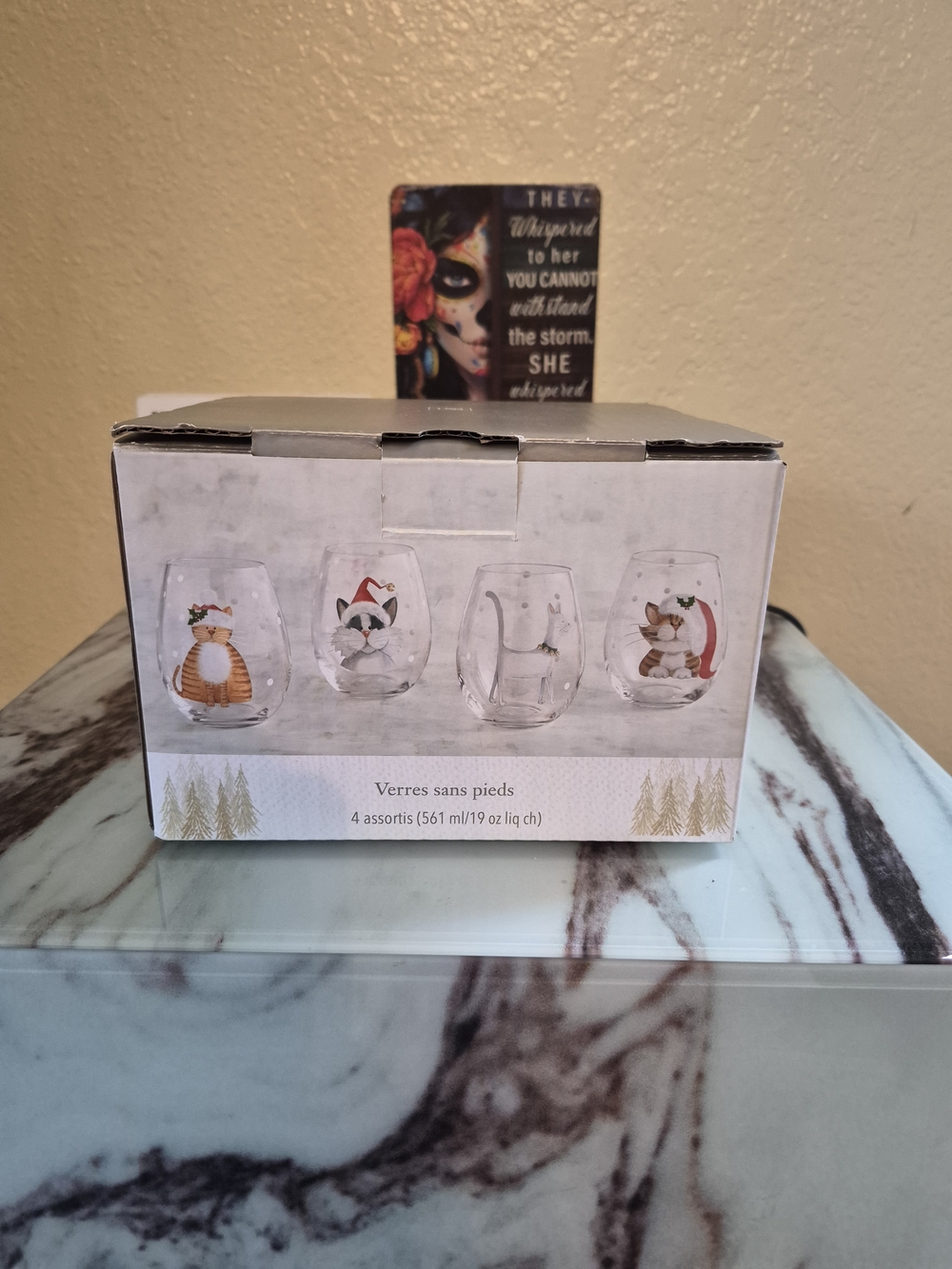 Pier 1 Imports Holiday Cat Stemless Glasses Set - Clear with Festive Cat Designs